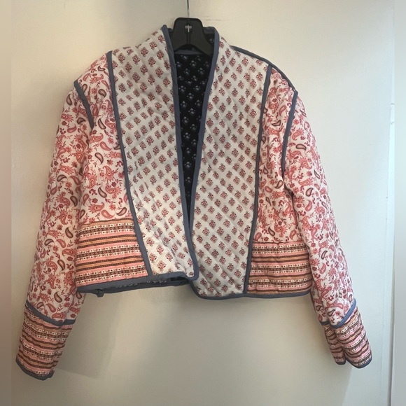 Cropped Puffer Jacket Stand Collar Floral Printed Open Front Quilted Lightweight - Picture 15 of 15